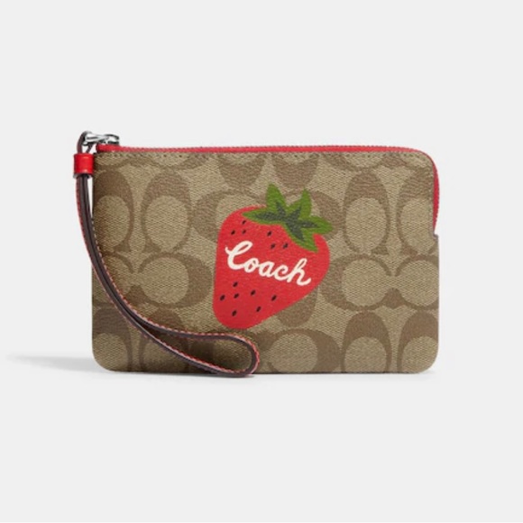 Coach Corner Zip Wristlet In Signature Canvas With Wild Strawberry - Brand New - Picture 1 of 3